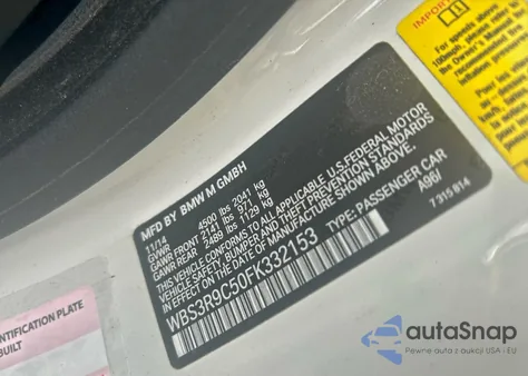 2015 BMW M4 z USA, uszkodzony, nr VIN WBS3R9C50FK332153